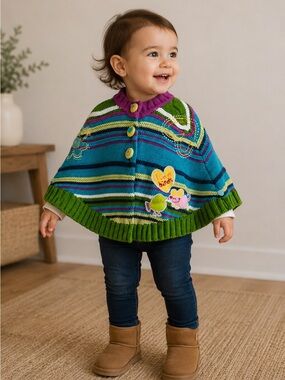 Girls' Striped Knit Poncho Jacket in Teal & Green size 12/24 month